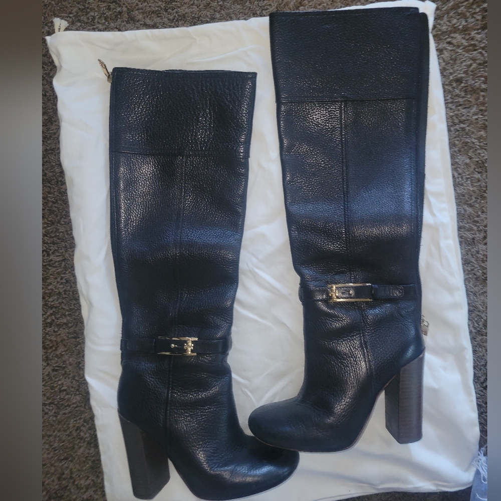 Tory Burch Tumbled Leather Knee High Boots buckle gold logo accents 6.5
